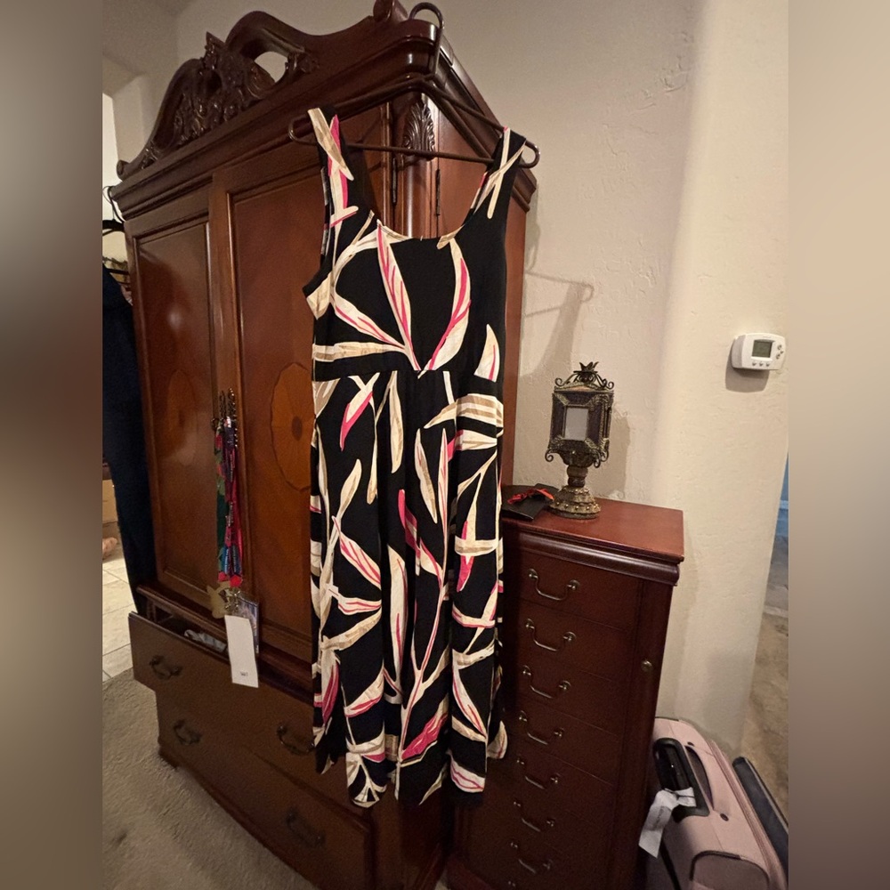 Alfani Black Sleeveless Midi Dress with Cream & Pink Leaf Print